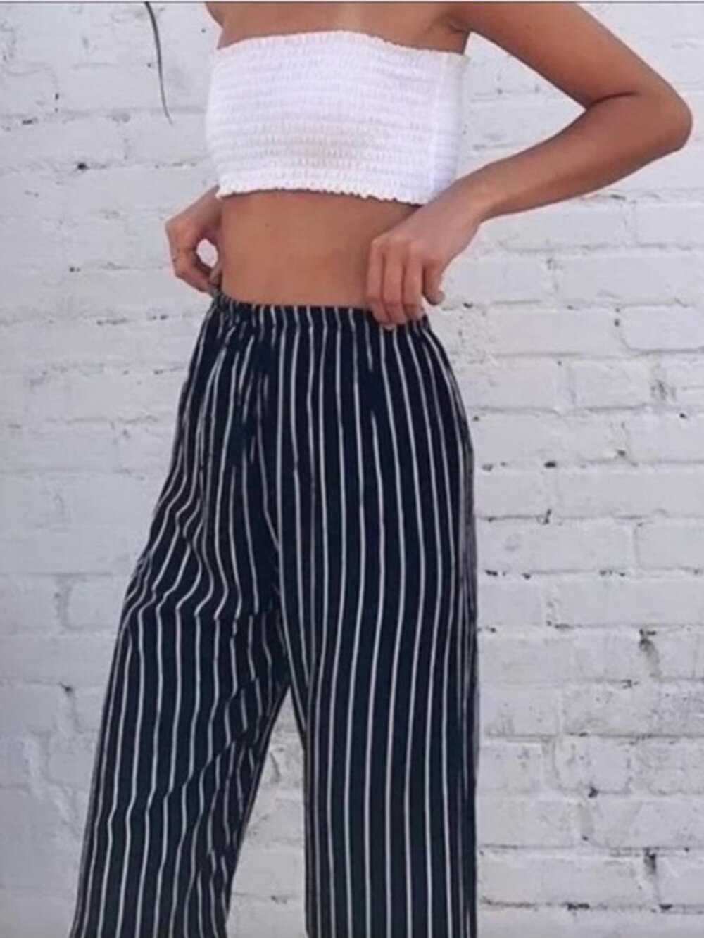 Brandy Melville Frankie Striped Wide Leg Pants Navy White OS